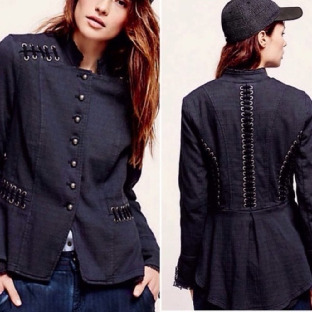 Free People Victorian Lace Up Jacket Navy Small